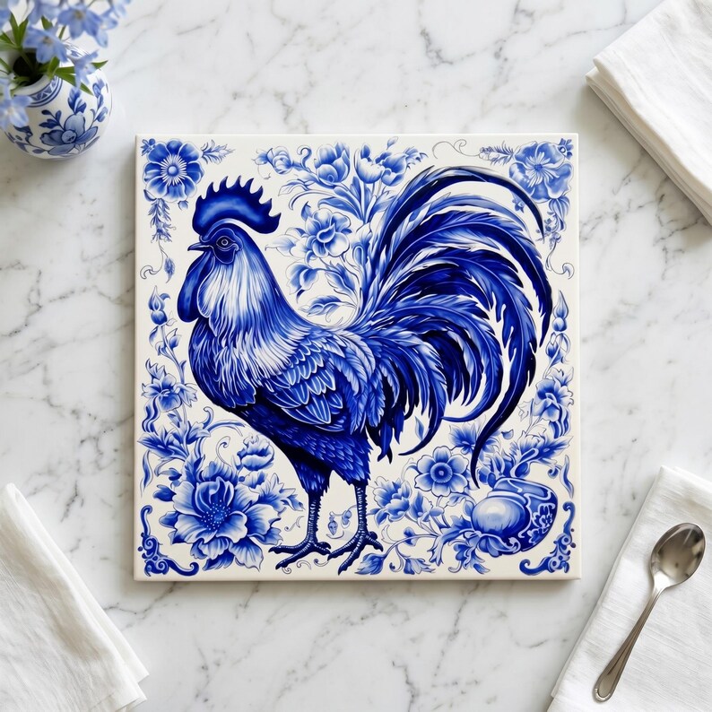Puede incluir: Azulejo cer&aacute;mico cuadrado con una detallada ilustraci&oacute;n de un gallo azul y blanco, rodeado de motivos florales. La ilustraci&oacute;n evoca la cer&aacute;mica de Delft, con un gallo detallado sobre un fondo blanco, para una est&eacute;tica cl&aacute;sica y elegante.