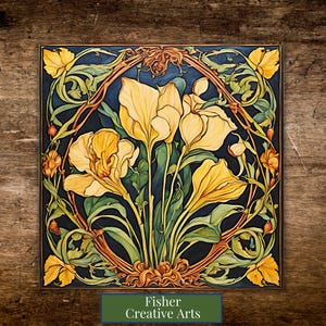 May include: A square art print featuring a stylized floral design with yellow flowers and green leaves against a dark blue background. The artwork is framed with a decorative border and includes the text "Fisher Creative Arts" at the bottom.