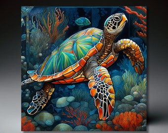 Sea Turtle Ceramic Art Tile | Coastal Wall Art | Ocean Art | Beach House Decor | Marine Animal | Ceramic Wall Art | Nautical Home Decor