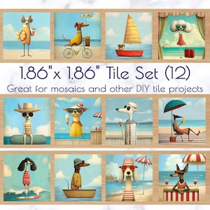 May include: A set of twelve 1.86" x 1.86" tiles featuring whimsical illustrations of dogs enjoying beach activities. Each tile showcases a different dog character in a beach setting, with text that reads "Great for mosaics and other DIY tile projects."