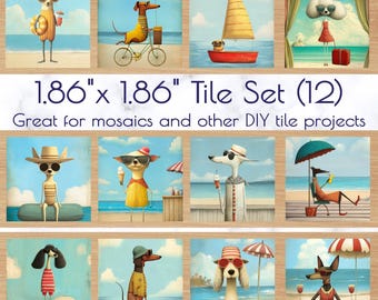 Beach Dogs Ceramic Tiles | Set of 12 Tiles for Crafts, Magnets, and DIY Projects  | Mosaic Craft Supplies | Magnet Making Supplies | Dog