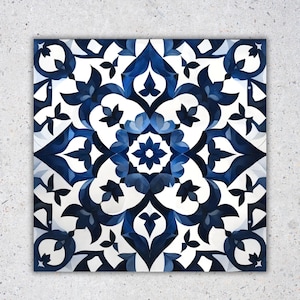 May include: Square tile with a symmetrical floral pattern in shades of blue and white. The design features stylized flowers and leaves, creating a decorative and artistic look. The tile is suitable for home decor.
