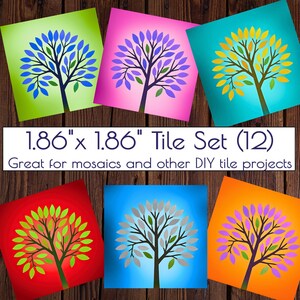 May include: A set of twelve 1.86" x 1.86" square tiles, each featuring a stylized tree design. The tiles have a variety of colorful backgrounds, including green, pink, teal, red, blue, and orange. The text on the image reads "1.86" x 1.86" Tile Set (12)".