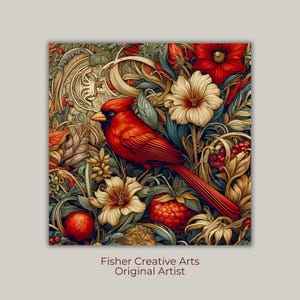 William Morris Inspired Red Cardinal Ceramic Tile | Art Nouveau | Wall Decor | Vintage Art | Classic Traditional Decor | Gift for Bird Lover