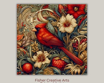 William Morris Inspired Red Cardinal Ceramic Tile | Art Nouveau | Wall Decor | Vintage Art | Classic Traditional Decor | Gift for Bird Lover