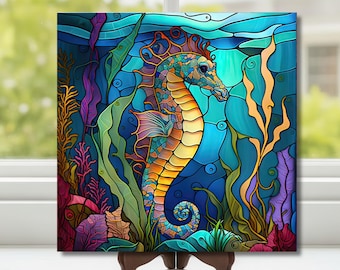 Colorful Seahorse Art Tile | Stained Glass Effect Ocean Decor | Coastal Beach House Wall Art | Nautical Sea Life Gift Tile | Trivet Option