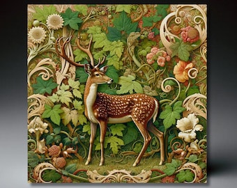 William Morris Inspired Woodland Deer Ceramic Tile | Art Nouveau | Wall Decor | Vintage Art  | Classic Deer Buck Art | Traditional Decor