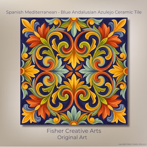 May include: Square ceramic tile with a detailed floral design in shades of orange, yellow, and green against a dark blue background. The tile is labeled "Spanish Mediterranean - Blue Andalusian Azulejo Ceramic Tile" and "Fisher Creative Arts Original Art."