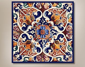 Spanish Mediterranean Ceramic Tile | European Old World Tile | Kitchen Backsplash Tile | Blue and Terra Cotta Tile | Trivet Option | Bulk
