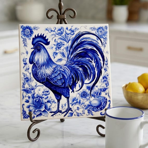 Blue and White Rooster Art Tile, Delft Style Ceramic Tile, Farmhouse Kitchen Decor, French Country Gift, Chicken Lover Gift | Dutch Blue