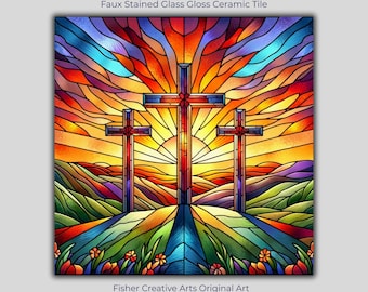 Faux Stained Glass Christian Cross Ceramic Art Tile | Gift for Christian | Christian Decor | Easter Gift | Religious Wall Art | Faith Gift