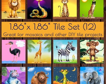 May include: A set of twelve 1.86" x 1.86" tiles featuring colorful illustrations of various animals, including a lion, snake, cheetah, zebra, and elephant. The tiles are designed for mosaics and other DIY projects. The text on the image reads: "1.86" x 1.86" Tile Set (12) Great for mosaics and other DIY tile projects."