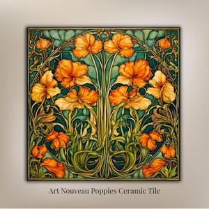 Art Nouveau Poppy Tile | Poppy Flower Art | Vintage Floral Decor | Botanical Art Tile | Floral Wall Decor | Gift for Her | Trivet Option