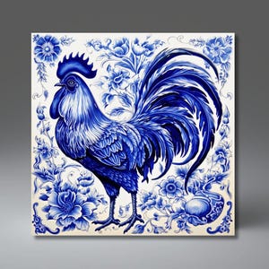 Delft Blue Inspired Ceramic Art Tile | Dutch Tile |  Wall Art | Rooster Art | Traditional Blue and White Kitchen | Trivet | Ceramic Gift