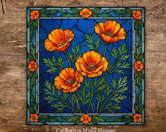 California Golden Poppy Faux Stained Glass Tile | State Flower of California | Trivet Hot Plate Option | California Gift | Floral Wall Art