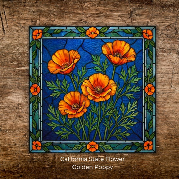 California Golden Poppy Faux Stained Glass Tile | State Flower of California | Trivet Hot Plate Option | California Gift | Floral Wall Art