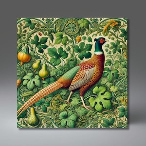 May include: A square print featuring a pheasant with vibrant plumage, set against a backdrop of lush green foliage, gourds, and intricate floral patterns. The pheasant's feathers display shades of orange, red, and green, creating a colorful and detailed artwork.
