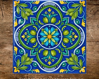 Mexican Talavera Tile Backsplash, Blue Green Kitchen Tile, Spanish Style Ceramic Tile, Cobalt Wall Tile, Pattern Backsplash, Stove Tile