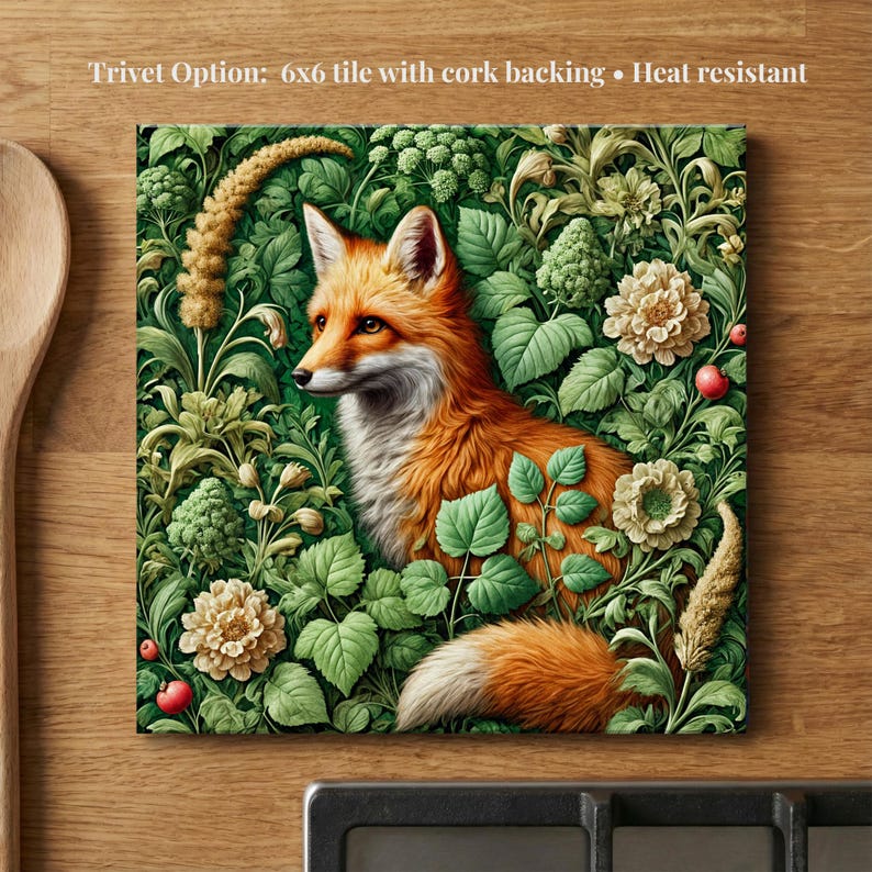 William Morris Inspired Woodland Fox Ceramic Tile | Art Nouveau | Wall Decor | Vintage Art | Traditional Decor | Trivet Option | Gift image 4