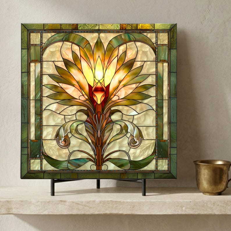 Stained Glass Look Lotus Art Tile | Amber & Green Art Nouveau | Vintage Botanical Wall Art | Zen Home Decor | Gift for Her, Mom | Meditation image 1