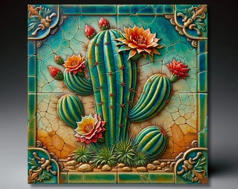 Desert Southwest Blooming Cactus Ceramic Art Tile | Southwestern Decor | Birthday Gift | Wall Art Decor | Backsplash Accent | Trivet Option