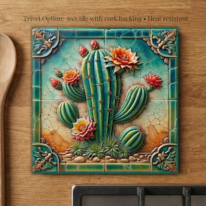 Desert Southwest Cactus Art Tile | Southwestern Cactus Decor | Trivet Option | Desert Wall Art | Housewarming Gift | Cactus Lover Gift image 5