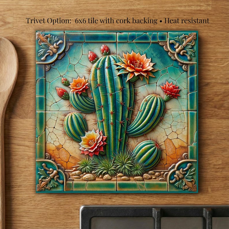 Desert Southwest Cactus Art Tile | Southwestern Cactus Decor | Trivet Option | Desert Wall Art | Housewarming Gift | Cactus Lover Gift image 5