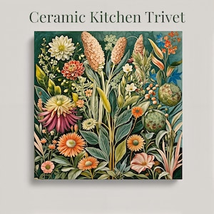 May include: Square ceramic kitchen trivet with a floral design. The artwork features a variety of flowers in shades of orange, pink, yellow, and white, set against a dark green background. The text "Ceramic Kitchen Trivet" is at the top.