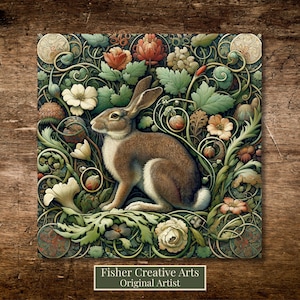 William Morris Inspired Woodland Rabbit Ceramic Tile | Art Nouveau | Wall Decor | Vintage Art | Traditional Decor  | Classic Rabbit Art |