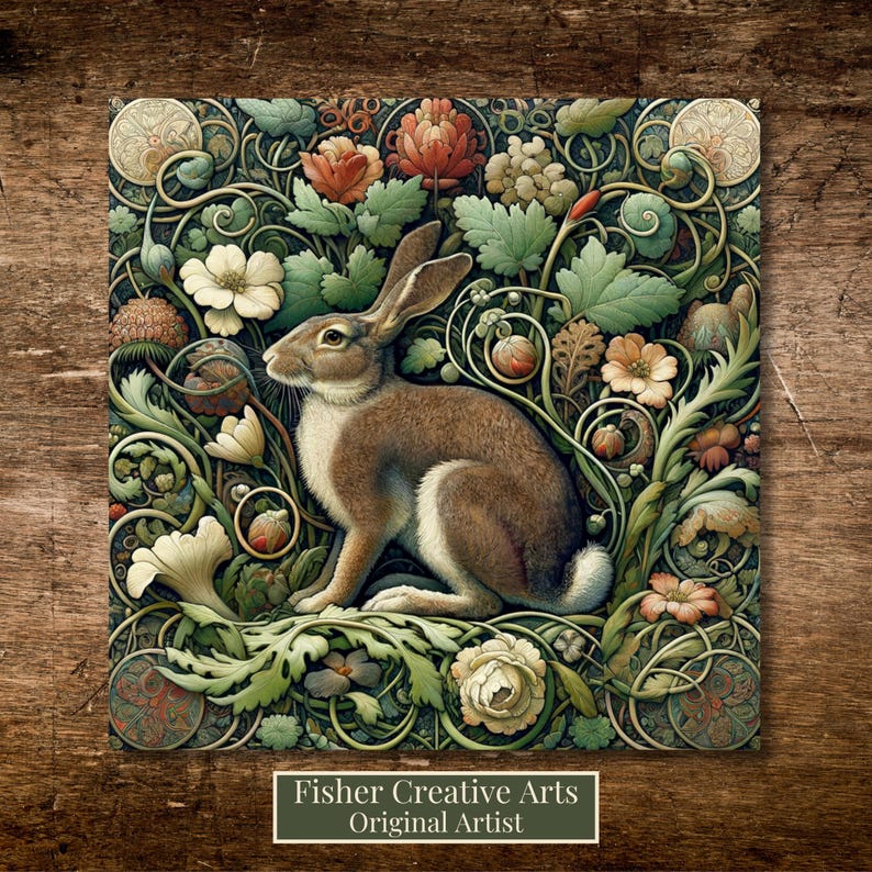 May include: A square art print featuring a brown rabbit centered among intricate green foliage, swirling vines, and various flowers in shades of white, orange, and red. The text Fisher Creative Arts Original Artist is printed at the bottom.