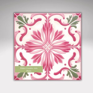Pink and White  Spanish or Portuguese Azulejo Ceramic Tile | Kitchen and Bathroom Tile Decor | Pink Home Decor | Backsplash Accent Tile