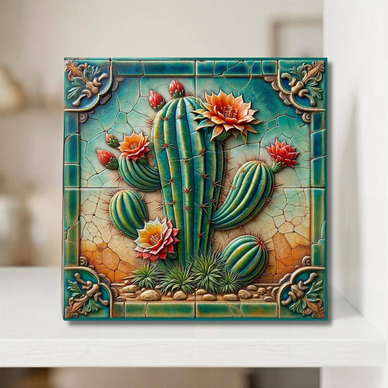 Desert Southwest Cactus Art Tile | Southwestern Cactus Decor | Trivet Option | Desert Wall Art | Housewarming Gift | Cactus Lover Gift image 4