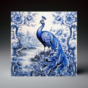 Delft Blue Inspired Ceramic Art Tile | Dutch Tile | Ceramic Wall Art | Chinoiserie Peacock | Traditional Blue and White Delft Blue | Trivet