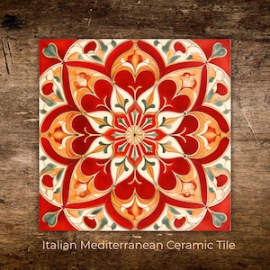 May include: Square ceramic tile with a vibrant floral design in red, orange, cream, and green. The tile features an intricate, symmetrical pattern reminiscent of a mandala. The text "Italian Mediterranean Ceramic Tile" is at the bottom.