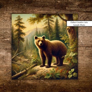 Brown Grizzly Bear Ceramic Tile | Decorative Tile | Vintage Audubon-Style Inspired Art | Rustic Mountain Home Decor | Trivet Option | Nature