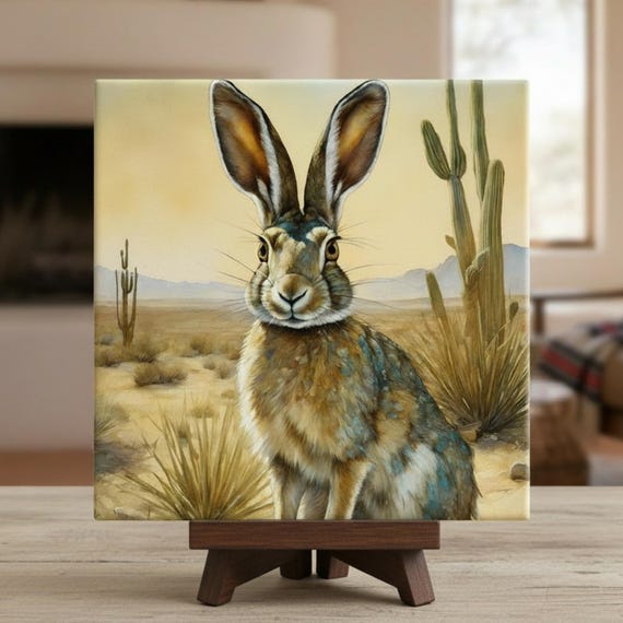 Southwest Jackrabbit Art Tile | Desert Animal Art | Western Wildlife Art | Southwestern Home Decor | Bunny Gift | Desert Wall Art | Trivet