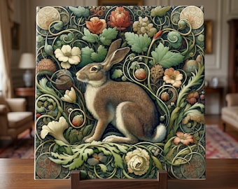 William Morris Inspired Woodland Rabbit Ceramic Tile | Art Nouveau | Wall Decor | Vintage Art | Traditional Decor  | Classic Rabbit Art |