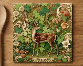 William Morris Inspired Woodland Deer Ceramic Tile | Art Nouveau William Morris Inspired Woodland Deer Ceramic Tile | Art Nouveau