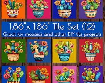 Juego de 12 azulejos de cerámica de cactus para manualidades, imanes, proyectos, mosaicos, imanes y azulejos del suroeste.