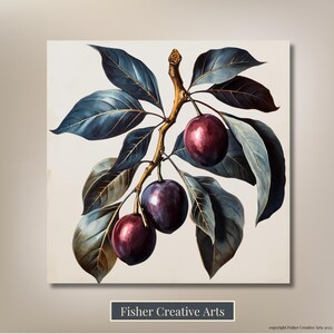 May include: A square canvas print featuring a botanical illustration of a plum branch. The artwork showcases dark purple plums, blue-green leaves, and a golden-brown branch against a cream background. The text "Fisher Creative Arts" is at the bottom.