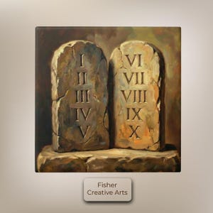 May include: A square painting depicts two stone tablets with Roman numerals carved into them. The tablets are a light brown color and rest on a stone base. The painting has a warm, earthy color palette. The text "Fisher Creative Arts" is at the bottom.