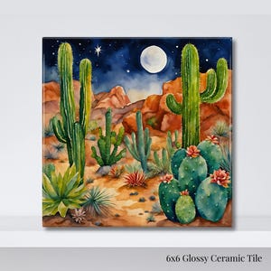 Desert Cactus Tile | Southwest Night Sky Art | Saguaro Cactus Desert Landscape | Moon Desert Scene | Arizona Style Decor | Southwestern Art