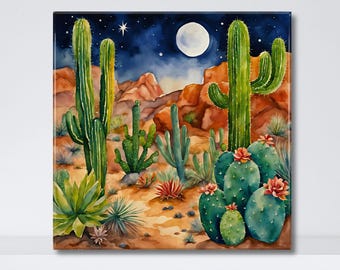 Desert Cactus Tile | Southwest Night Sky Art | Saguaro Cactus Desert Landscape | Moon Desert Scene | Arizona Style Decor | Southwestern Art