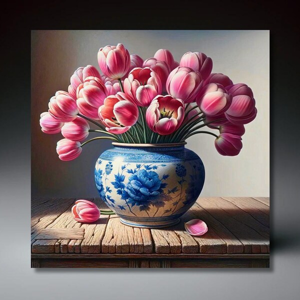 Pink Tulips in Ginger Jar Ceramic Art Tile | Home and Kitchen Decor | Vintage Inspired Art | Mothers Day Gift | Wall Art | 2 size options