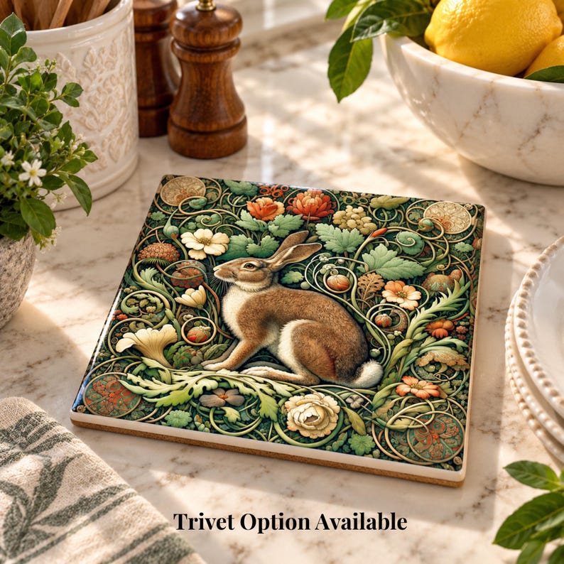May include: A square ceramic coaster featuring a detailed illustration of a brown rabbit surrounded by intricate green vines, leaves, and colorful flowers in shades of orange, yellow, and white. The text Trivet Option Available is printed below.