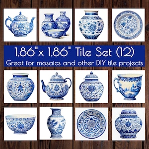 May include: A set of twelve 1.86" x 1.86" ceramic tiles featuring blue and white porcelain designs. The tiles showcase various patterns, including teapots, vases, bowls, and plates, ideal for mosaic and DIY projects. The text on the image reads: "1.86" x 1.86" Tile Set (12) Great for mosaics and other DIY tile projects."