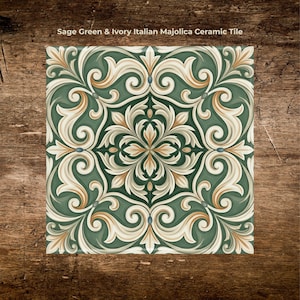 Sage Green and Ivory Italian Majolica Ceramic Tile | Glossy Kitchen Backsplash Tile | Bathroom Wall Tile | Mediterranean Style Tile
