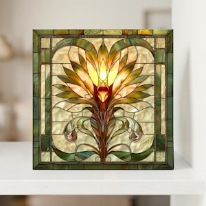 Stained Glass Look Lotus Art Tile | Amber & Green Art Nouveau | Vintage Botanical Wall Art | Zen Home Decor | Gift for Her, Mom | Meditation image 4