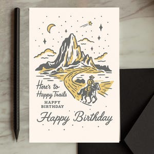 Printable Cowboy Birthday Card | Here's to Happy Trails | Western Mountain Scene | Digital Download | PNG | PDF