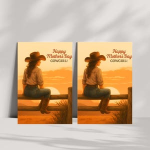 Tarjeta imprimible para el Día de la Madre / Saludo al Atardecer Vaquera / Tarjeta para Mamá del Oeste (Descarga digital / PNG / PDF)